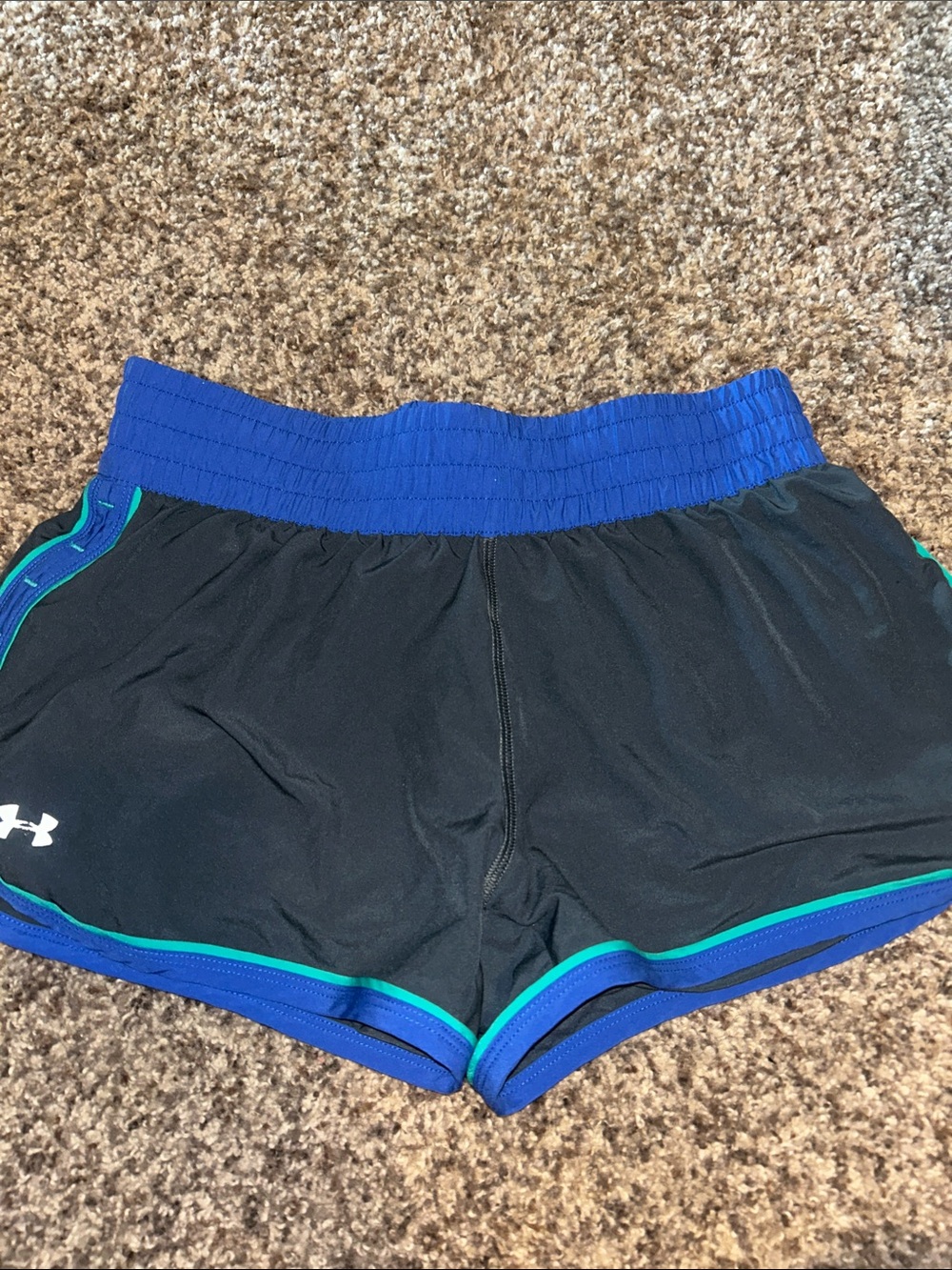 Under Armour Women's Gray Shorts with Blue Waistband and Teal Accent